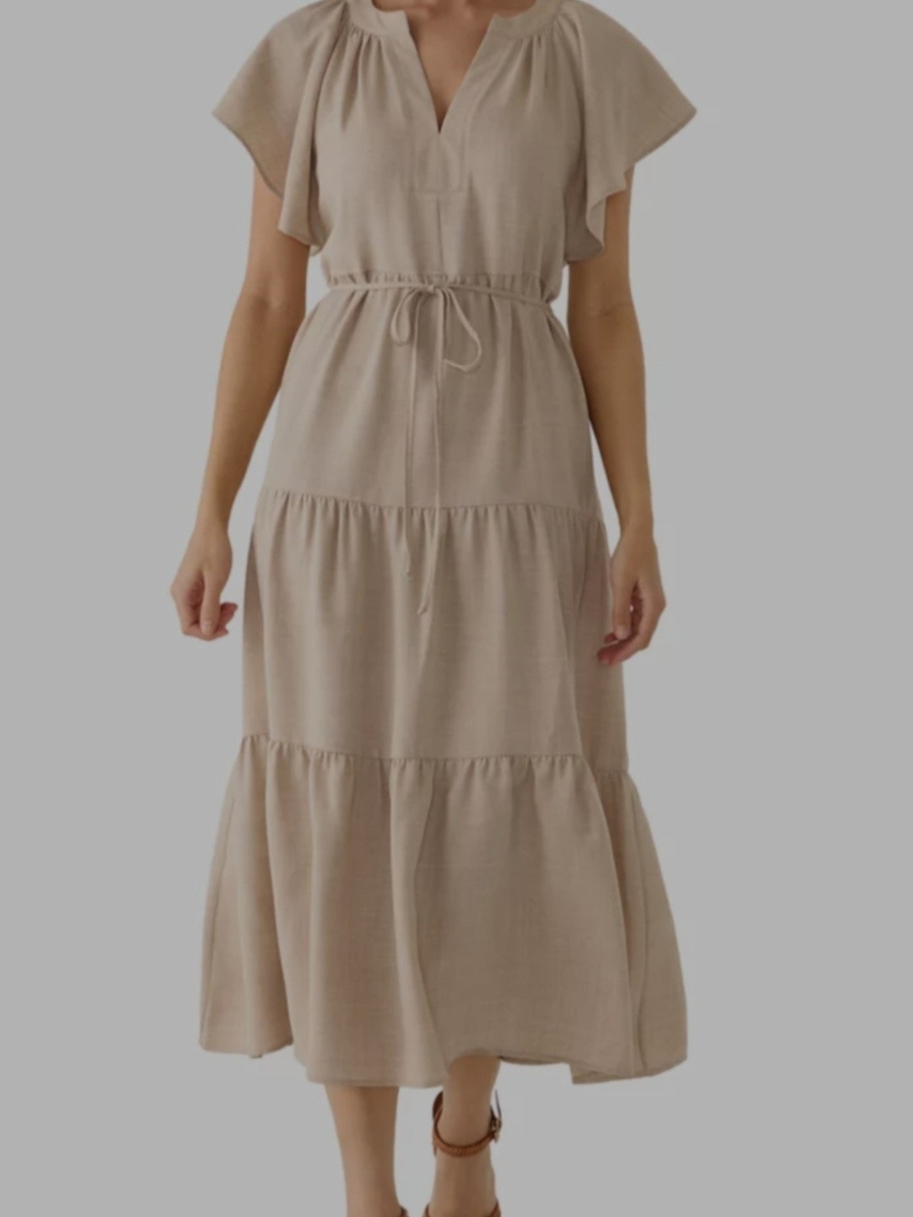 Emma And Michele Tie-Waist Tiered Midi Dress in Taupe
